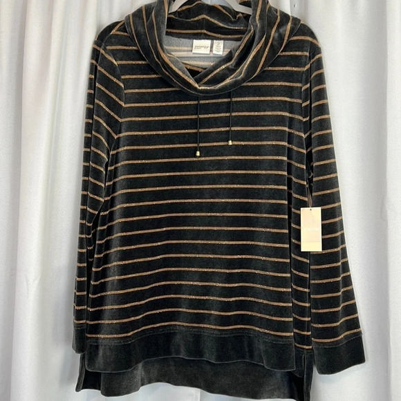 ZENERGY Chico’s Velour Lurex Stripe Cowl Neck Top NWT Chico’s Size 2 - Picture 2 of 8